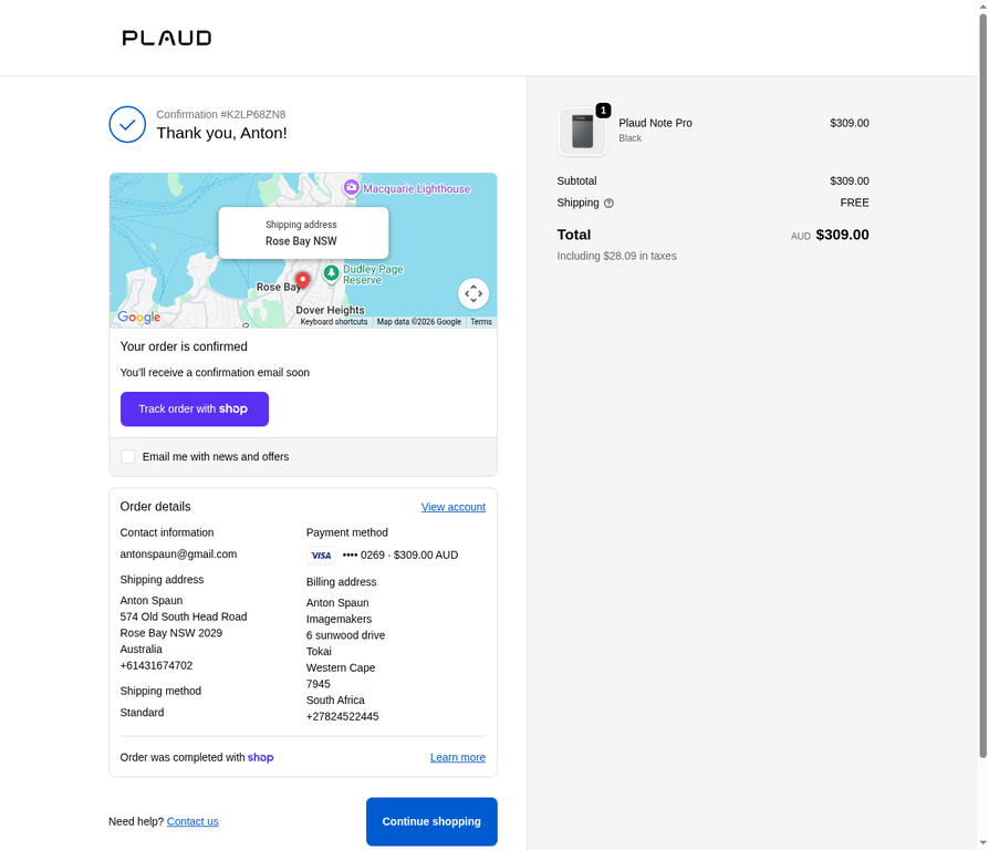 Thank You, Anton! Order Confirmed
